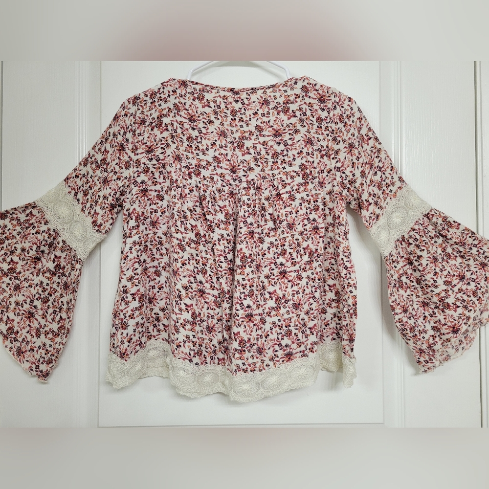 Hollister small floral peasant lace blouse bell sleeves boho prarie red - Picture 3 of 9